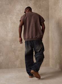 SUMWON 滑板款工装牛仔裤，拼接设计，阔腿，都市街头装，工作服，宽松版型，四季皆宜，做旧休闲裤 - 藍色 - 查看 2