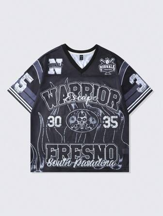 Prep Camiseta de manga corta con estilo de jersey de fútbol, de tela de malla y parches para hombre, jersey deportivo