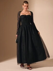 SHEIN BAE 女士纯黑色长袖蕾丝拼布宽松连衣裙，适合宴会、派对、情人节、节日派对、浪漫约会、伴娘礼服、黑色连衣裙、生日礼服、礼服、新年礼服