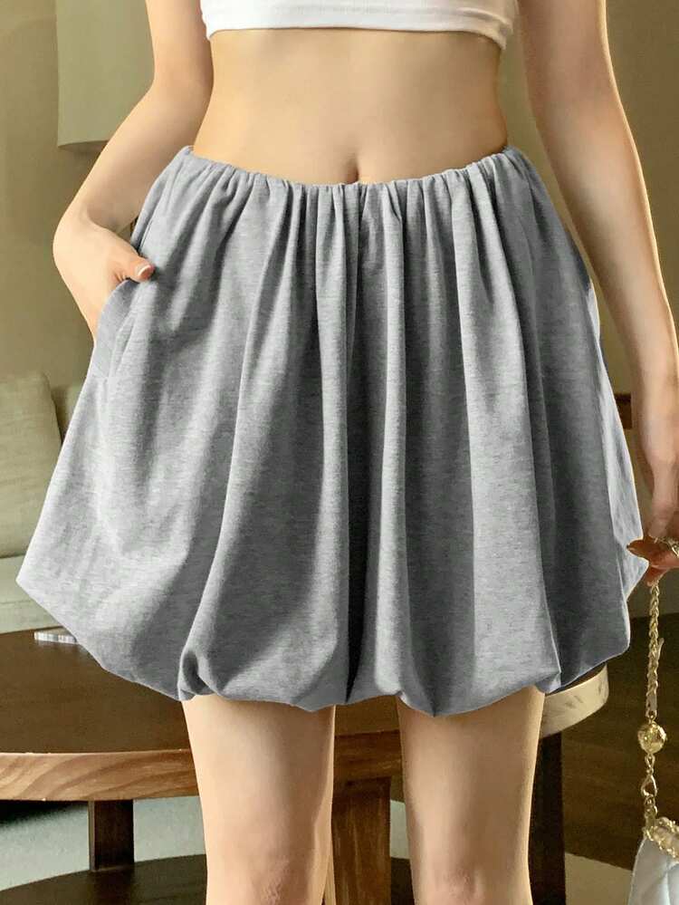 Women's Solid Color Pleated Pocket Simple Casual Grey Bubble Skirt