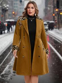 SHEIN Clasi 1 件女式加大码豹纹拼布双排扣口袋长袖夹克，优雅大方，秋冬