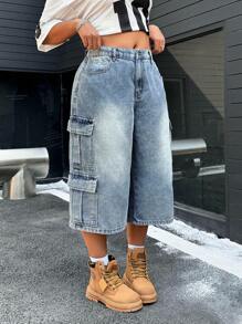 POPSWAY Plus Size Front Button Simple Casual Multi-Pocket Denim Capri Pants - Blue - View 6