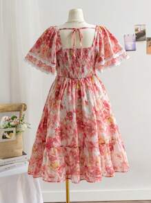 Dreamara Gaun Midi A-Line Patchwork Lengan Berkerut Dua Lapis Motif Bunga Chiffon Merah Ukuran Plus untuk Liburan Musim Semi Wanita - MultiWarna - View 2