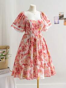 Dreamara Gaun Midi A-Line Patchwork Lengan Berkerut Dua Lapis Motif Bunga Chiffon Merah Ukuran Plus untuk Liburan Musim Semi Wanita - MultiWarna - View 6