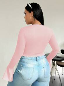 SHEIN EZwear Áo thun dài tay cổ chữ V buộc phía trước cho nữ cỡ lớn - Hồng - Xem 2