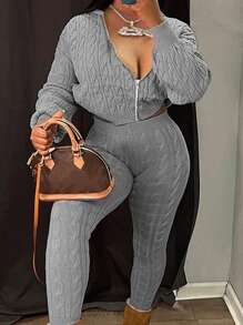 INAWLY 2 件女式休闲拉链纹理长袖毛衣和裤子套装，2 件 - 灰色 - 查看 3