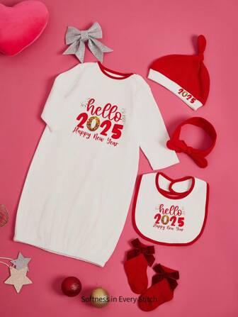 5pcs/Set Soft & Skin-Friendly Baby New Year 2025 Foil Print Set (Sleeping Bag + Hat + Headband + Bib + Socks)