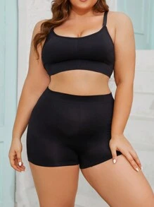 Plus Size Solid Color Spaghetti Strap Minimalist Tank Top And Shorts Casual Pajamas Set