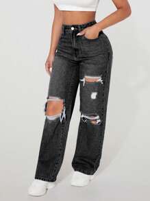 SHEIN PETITE 女士口袋破洞直筒宽松休闲牛仔裤 - 黑色 - 查看 4