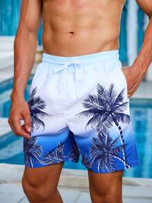 Surfspeed Men's Palm Tree Print Drawstring Waist Pockets Beach Shorts (Asymmetric Printing) - Blue - View 5