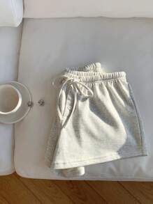 SHEIN EZwear Light Gray Drawstring Waist Knit Shorts, Summer Casual - Light Grey - View 3