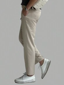 DAZY Plain Beige Color Business Formal Men's Suit Pants, All Season Business Attire - Beige - View 2