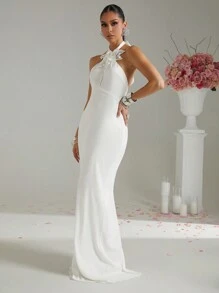 Lumalex Women's Floral Rhinestone Beaded Halter Neck Maxi Bodycon Mermaid Dress - White - View 4