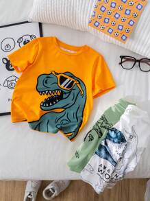 SHEIN Leap Crew 3 件/套买 1 送 2 男孩可爱恐龙图案圆领短袖 T 恤，时尚夏装适合户外玩耍、街头摄影、派对、城市漫步