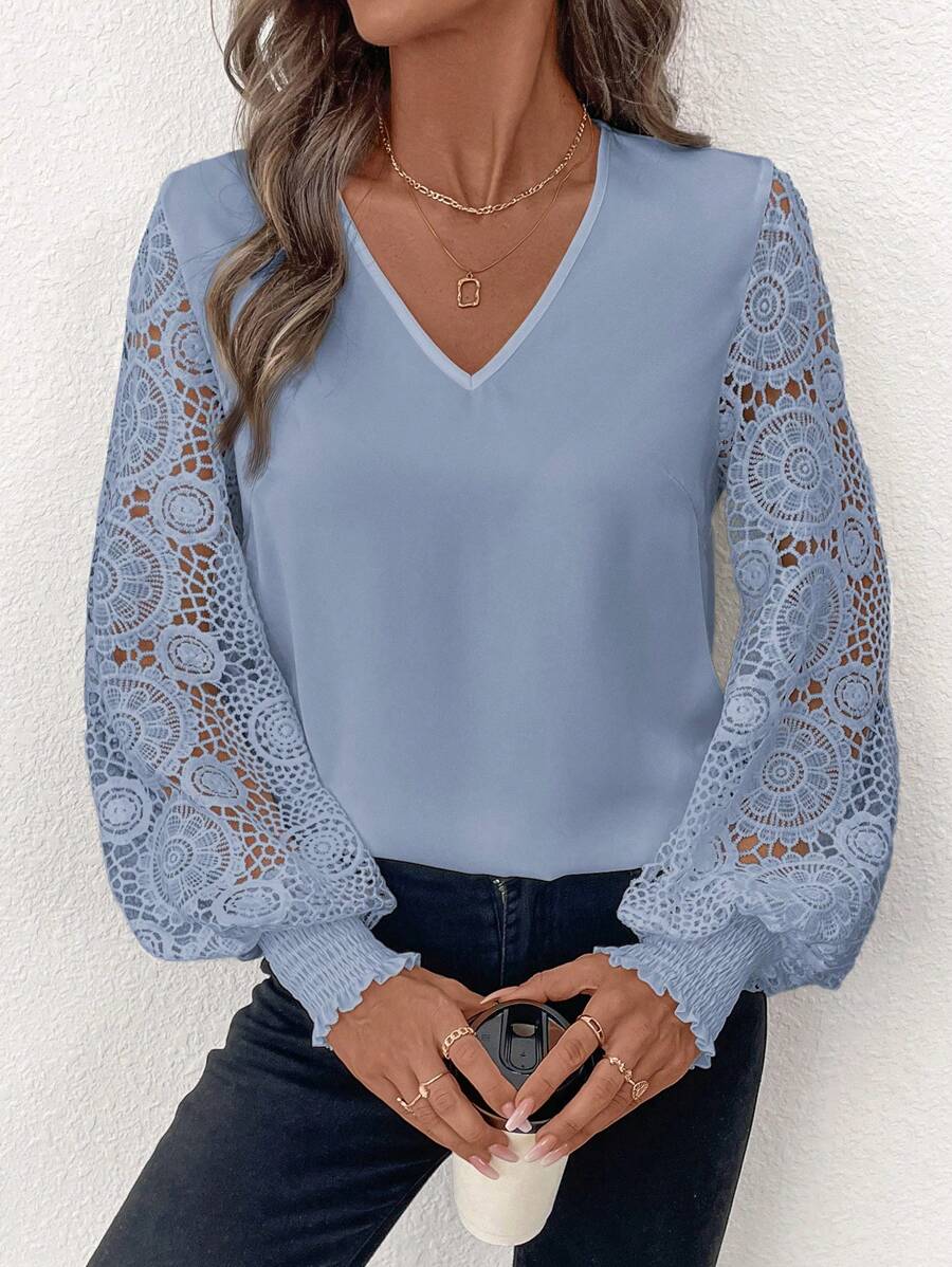 SHEIN Clasi Winter And Fall Elegant Women's White V-Neck Long Sleeve Splicing Hollow Lace Sleeve Hollow Out Blouse