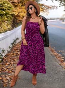 SHEIN VCAY Vestido largo estilo A con busto fruncido y estampado de leopardo, ideal para talla grande, otoño/invierno, Halloween y regreso a clases - Rosa Fucsia - Ver 4