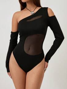 Chiquease 女士纯色性感网眼拼布镂空透视斜肩紧身衣 - 黑色 - 查看 3