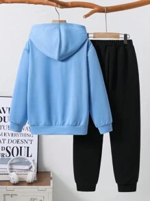 SHEIN Leap Crew 2pcs/Set Tween Boys Hooded Pullover Sweatshirt And Comfortable Pants Set - Baby Blue - View 2
