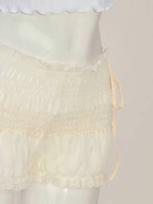 SHEIN Sweetina 修身半透明雪纺褶皱短裤 - 米色 - 查看 5