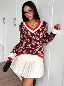 Chiquease Jersey de mujer de cuello en V a rayas con estampado de leopardo de manga larga, suéter de punto de otoño/invierno