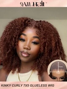 7x5 Inch Bye Bye Knots Lace Wig Pre Cut Pre Plucked Bleached Human Hair Lace Front Glueless Wig Reddish Brown Kinky Curly Wig Halloween Costumes - S33 - View 1