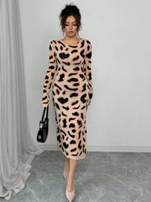 Chiquease فستان كنزة صوفية كاجوال مصنوع من الأكريليك، طباعة نمر، أكمام طويلة، قصة ضيقة، مناسب للخريف والشتاء - متعدد الألوان - مشاهدة 6