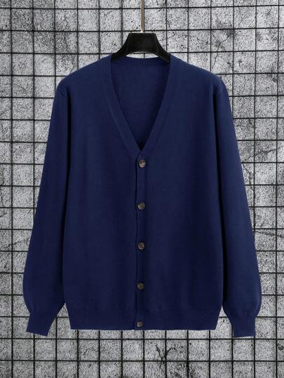 Manfinity Homme Men's Solid Color Single-Breasted Casual Cardigan, Long Sleeve, Autumn/Winter, Blue Cardigan Men, Cardigans Men, Men S Cardigan Sweater, Men Knitted Button Up, Men Sweater Jacket