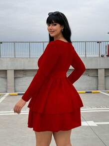 POPSWAY Plus Size Textured Knit Patchwork Woven Maxi Long Sleeve Dress - Red - View 2