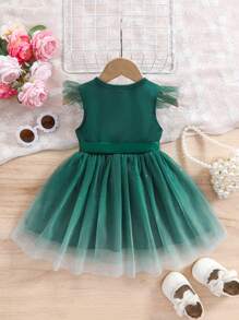 SHEIN 女婴优雅而奢华的女婴飘逸闪光点缀绿色连衣裙，春夏 - 墨綠色 - 查看 2