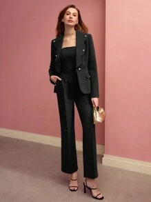 MOTF PREMIUM PRESS CREASE BUTTON DETAIL FLARE LEG SUIT PANTS,SPRING/SUMMER - Black - View 3