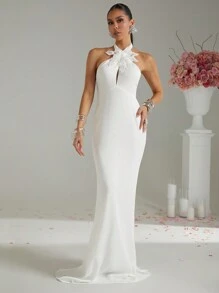 Lumalex Women's Floral Rhinestone Beaded Halter Neck Maxi Bodycon Mermaid Dress - White - View 7