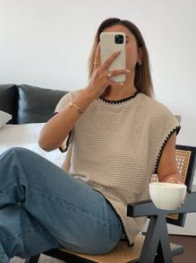 Siren Gaze Women's Apricot Clash Black Crocheted Textured Sleeveless Round Neck Loose T-Shirt Summer T-Shirt Top Summer Summer Tops  Casual Everyday Wear   Summer Outfits For Women  Summer Tops  Going Out Tops Women  Tube Top