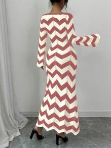 Calvaya Women's Striped Tie-Up Long Sleeve Casual Long Knitted Sweater Dress
