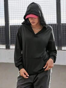 Easithlete 女士纯色落肩长袖口袋连帽运动衫 - 黑色 - 查看 3