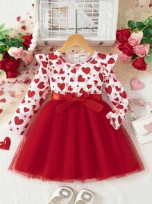 年轻女孩圣诞节优雅红色长袖连衣裙，采用精致的圣诞印花和网眼面料，冬季舒适清凉，包括腰带 - 紅色 - 查看 1