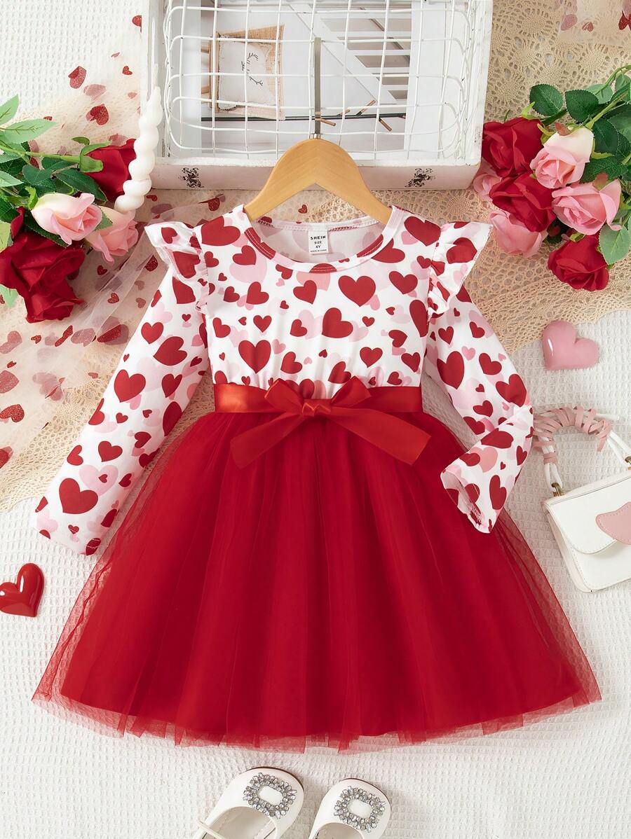 年轻女孩圣诞节优雅红色长袖连衣裙，采用精致的圣诞印花和网眼面料，冬季舒适清凉，包括腰带 - 紅色 - 查看 1