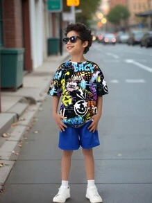 Tween Boy/Tween Boy Graffiti Printed Loose Fit Collared Short Sleeve T-Shirt And Shorts Set, Outfit Sets With T-Shirt