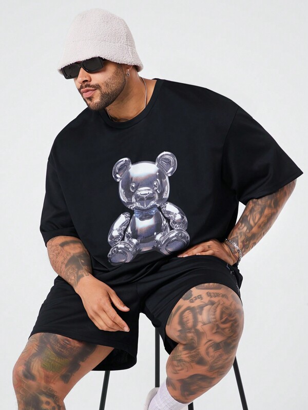 Manfinity NXTstreet Set de tricou și pantaloni scurți din tricot cu grafică, lejer, casual, pentru bărbați