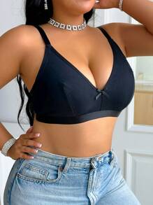 Đồ lót ren dây mảnh màu trơn cỡ lớn trang trí nơ đơn giản và thoải mái - màu đen - Xem 4