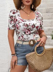 SHEIN VCAY Camiseta informal de mujer talla grande con estampado floral, cuello cuadrado y mangas abullonadas, para el verano