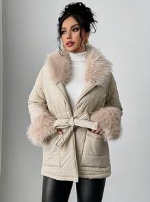 Firerie Women Zip-Up Front Long Sleeve Pockets Faux Fur Patchwork Casual Winter Jacket