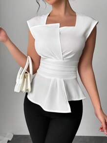 Elenzga Blusa asimétrica sin mangas casual/para el trabajo, de cintura elegante y ajustada, para primavera/verano - Blanco - Ver 5
