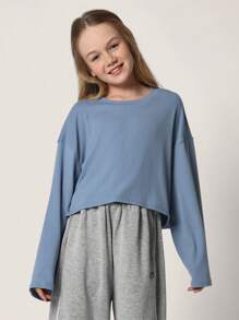 SUMWON Mädchen Teens Bequemes Crop Fit blaues Rippstoff Langarm Oversized Shirt