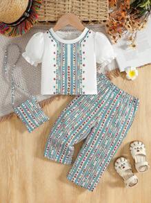 SHEIN Baby Girls' Unique Print Puff Sleeve Top And Comfy Loose Pants 2pcs/Set - White - View 1