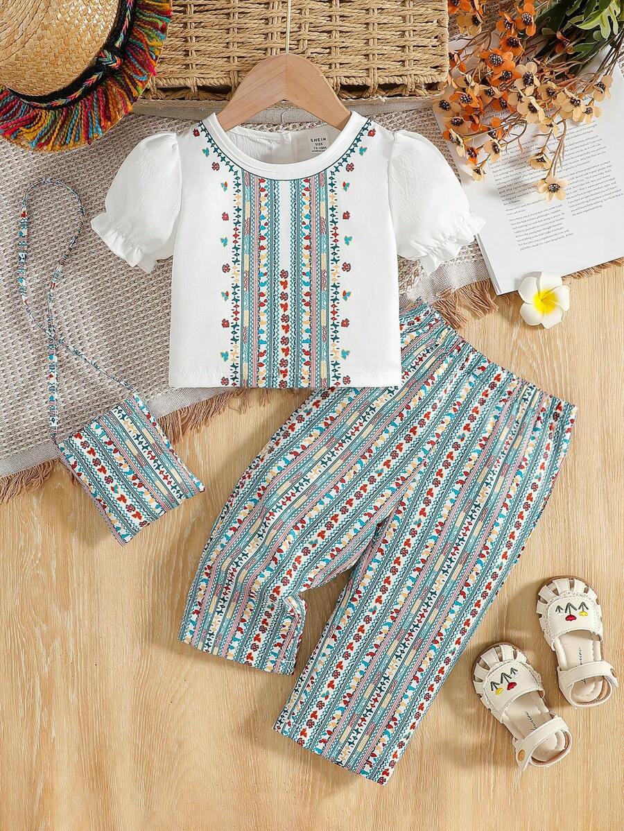 SHEIN Baby Girls' Unique Print Puff Sleeve Top And Comfy Loose Pants 2pcs/Set - White - View 1