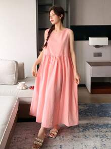 DAZY Simple Solid Color Sleeveless Tie Back Design Loose Long Maxi Casual Dress For Home Wear Pajama - Pink - View 3
