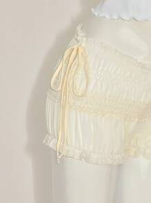 SHEIN Sweetina 修身半透明雪纺褶皱短裤 - 米色 - 查看 6