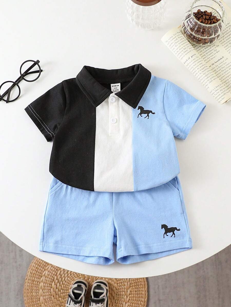 2pcs/Set Infant/Baby Boy Casual Colorblock Cartoon Print Polo Top & Shorts Set, Spring/Summer - Multicolor - View 1