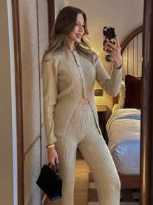 Pariaura 2 pièces/set, Cardigan et pantalon long tricoté pour femme, style simple boutonnage, automne/hiver
