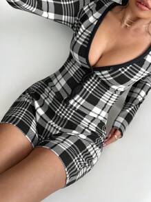 SHEIN SXY Combinaison moulante femme à col V profond à carreaux noirs et blancs - Noir et Blanc - Voir 1